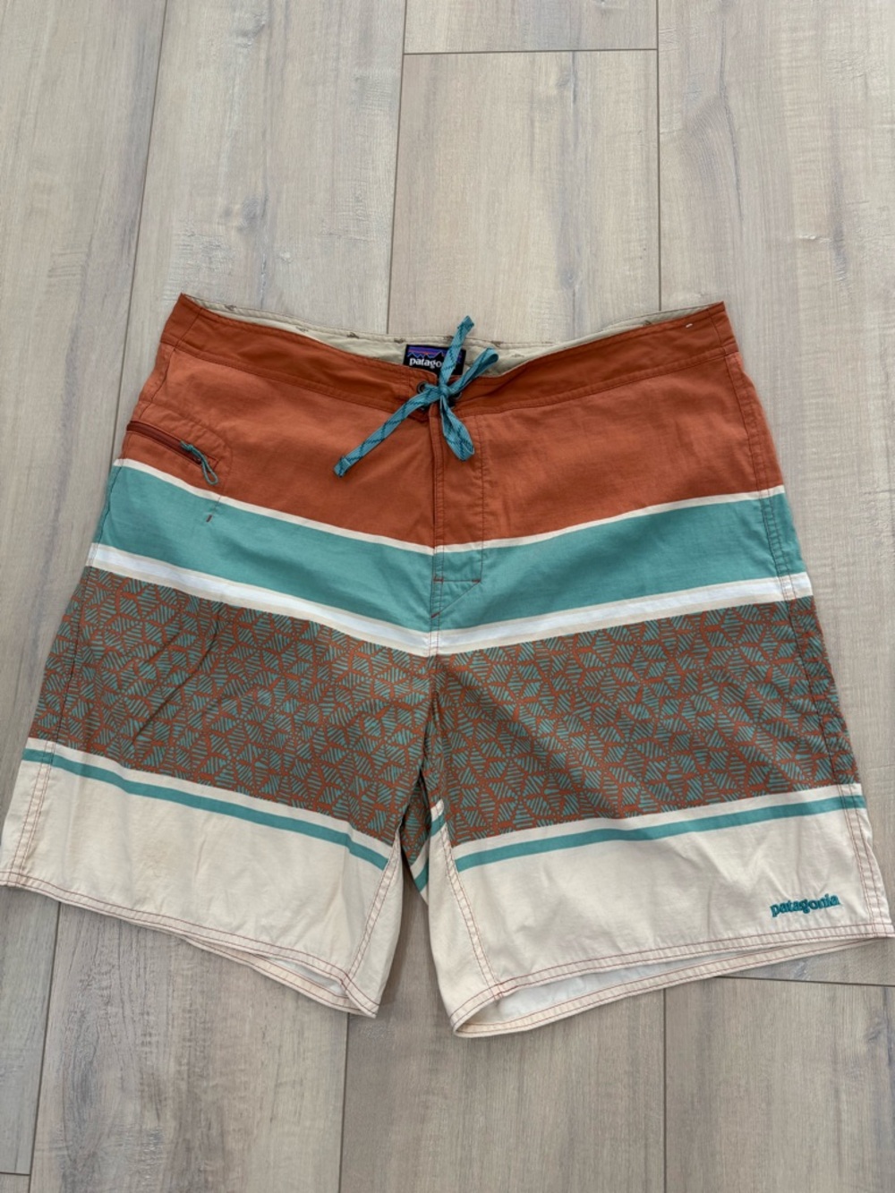 Patagonia Men's Wavefarer Board shorts  Rust & Teal Striped Swim Trunks